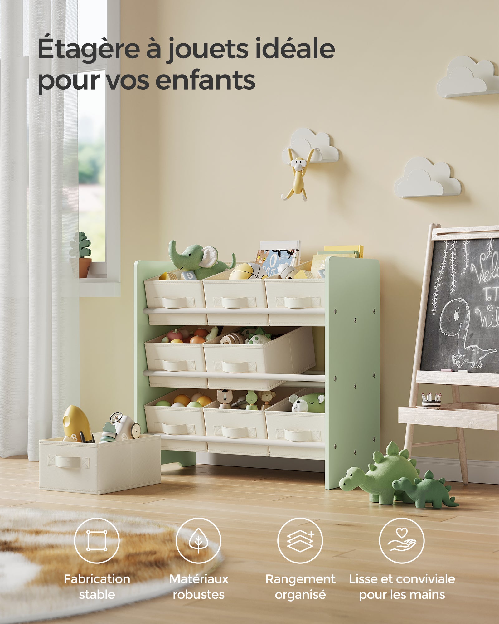 Étagère à Jouets pour Enfants, 9 Boîtes de Rangement en Tissu Non-tissé, Spacieuse, 29,5 x 62,5 x 60 cm, Vert Laurier - 3