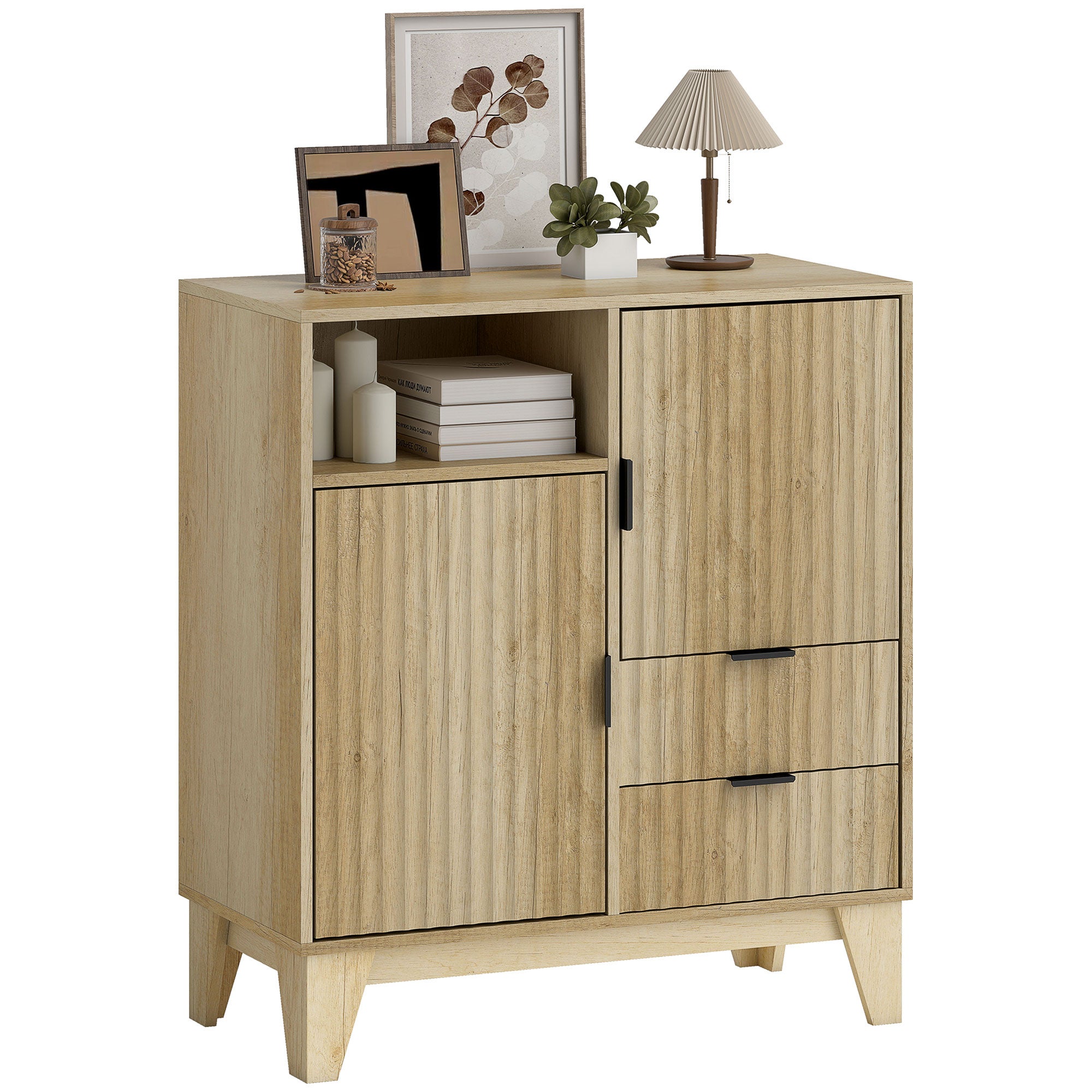 Aparador de salón, mueble de almacenaje, 2 puertas, 2 cajones, balda regulable, compartimento abierto, 80x40x90cm, madera natural
