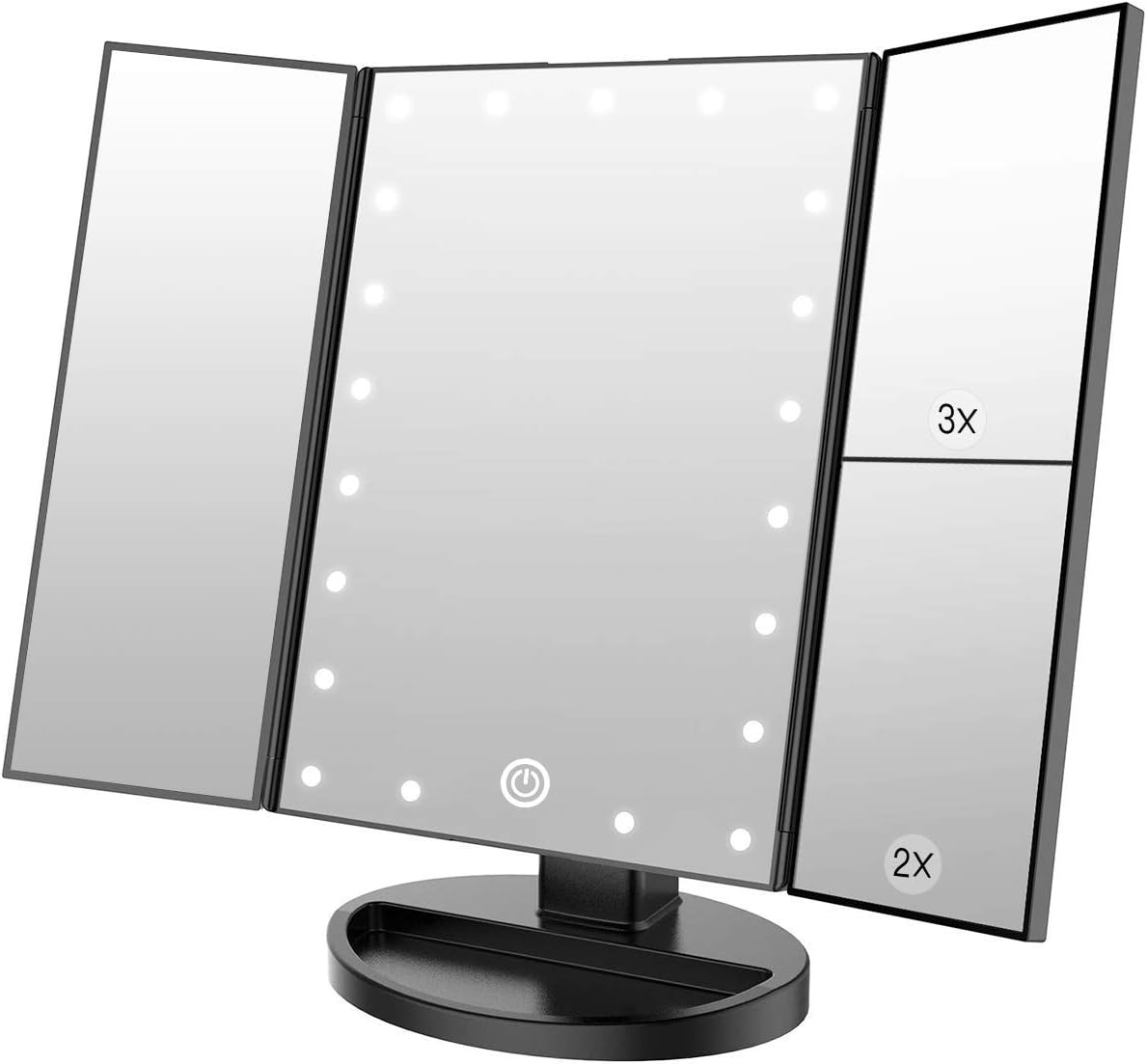 Podświetlane lusterko do makijażu, powiększenie x1/x2/x3, potrójne lusterko, z 21 diodami LED, przełącznik dotykowy, lusterko stołowe, z baterią