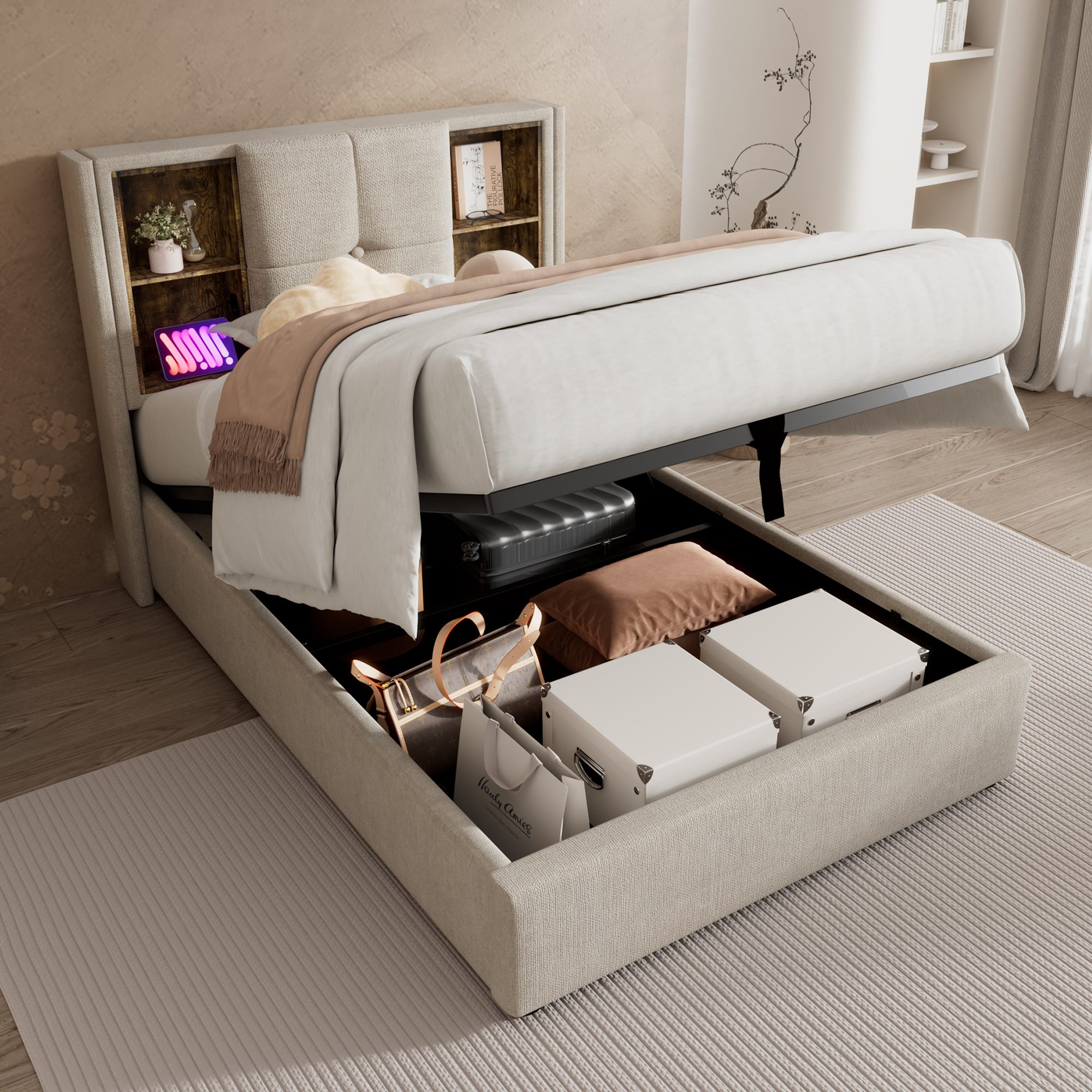 Lit Coffre Simple 90x200 cm , Lit Rembourré avec LED, Ports USB,C et ...