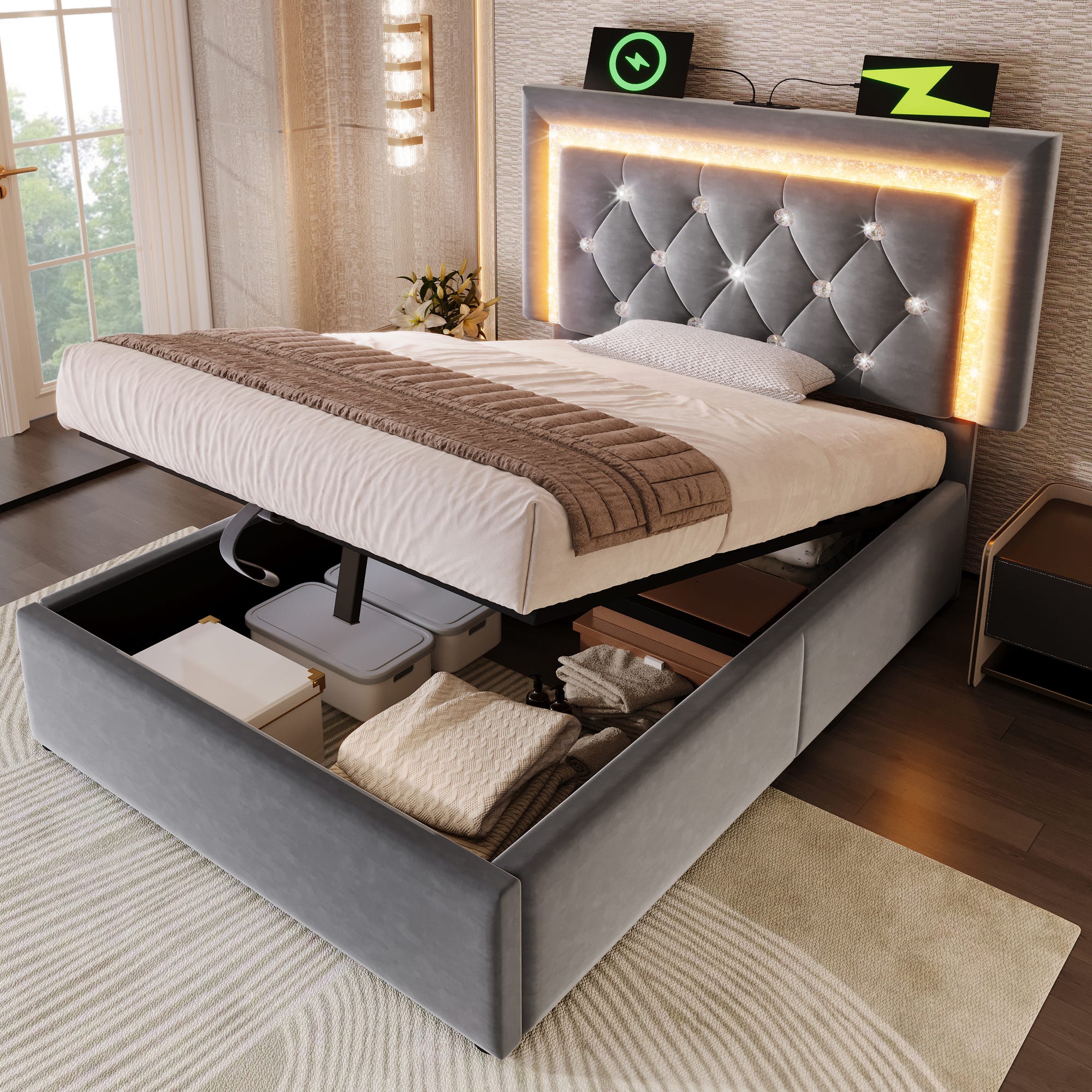 Letto imbottito 160x200 cm con presa USB e illuminazione led, testiera Letto imbottito 160x200 cm con presa USB e illuminazione led, testiera