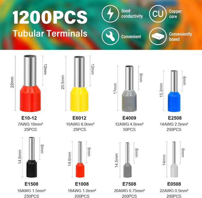 Juego De 1400 Piezas Para Crimpar Terminales - Incluye Alicate Y Terminales De 0.25 A 10 Mm²