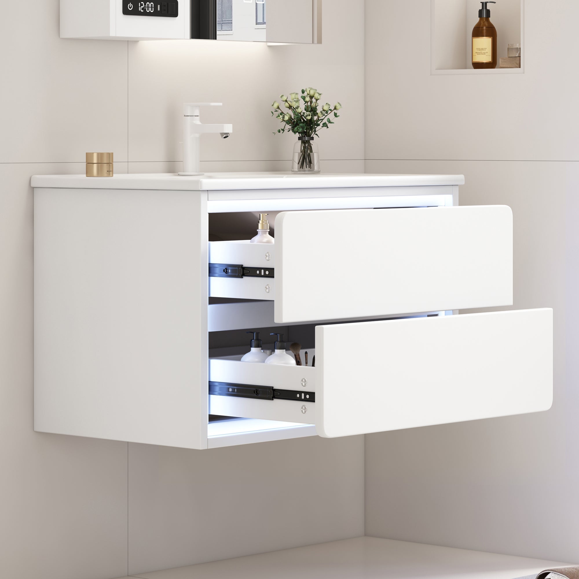 Mueble de baño suspendido con iluminación mediante sensor de radar y 2 ...