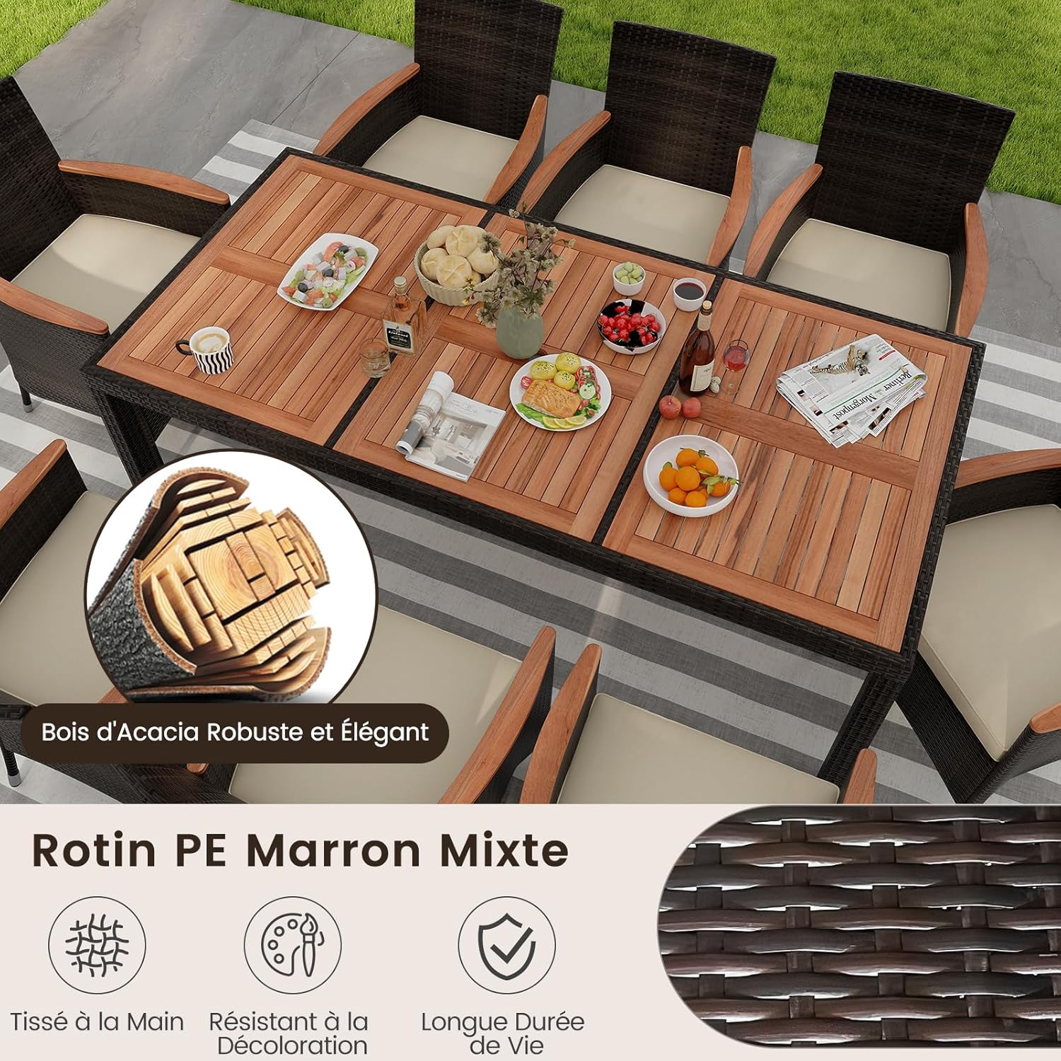 Conjunto de 1 mesa e 8 cadeiras empilháveis, com orifício para guarda-sol, conjunto de móveis de jardim em rattan com braços largos, - 5