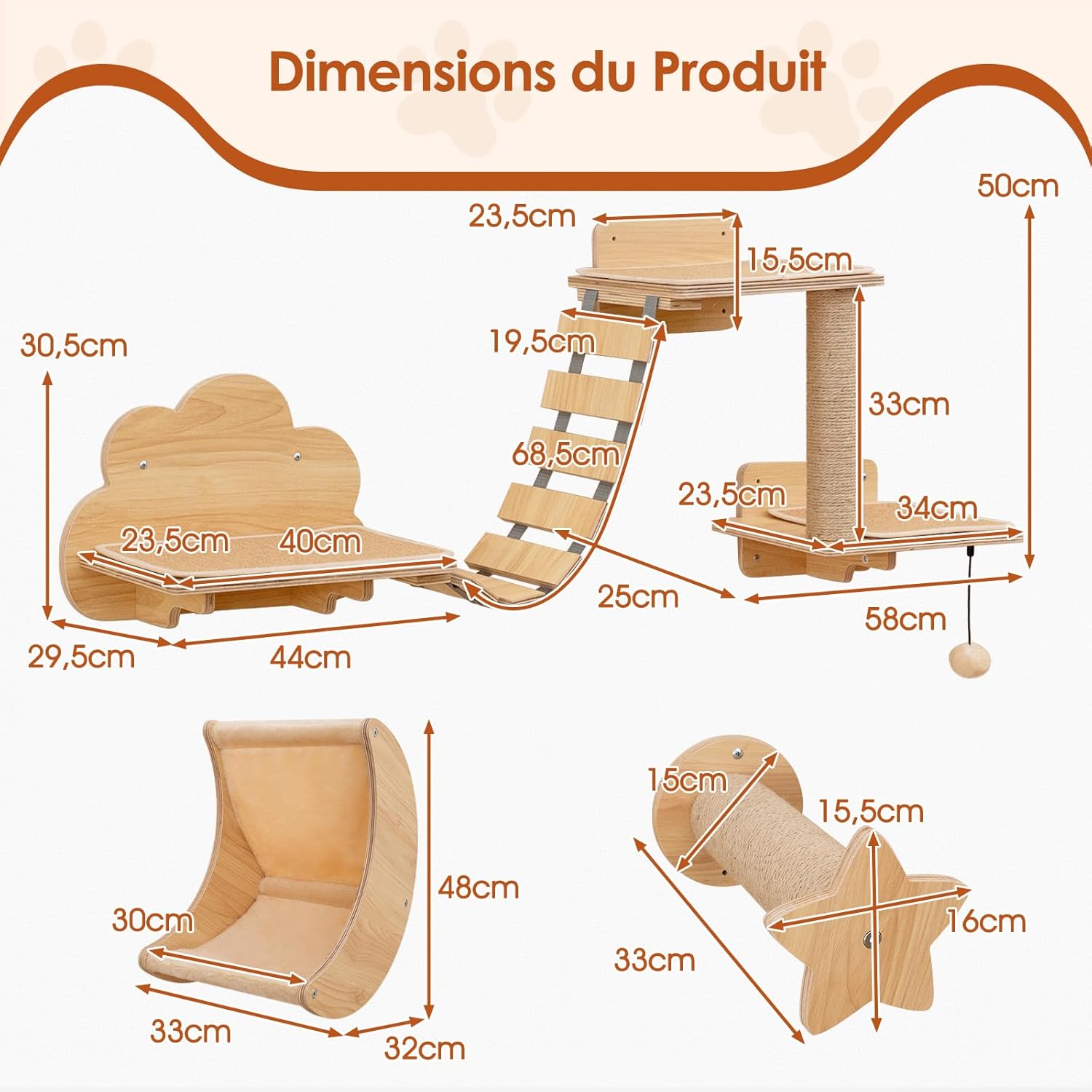 Arbre à Chat Mural en Bois, 6 Pcs Parcours Chat, Hamac en Forme de Lune, Pont, Tour pour Chaton à 2 Niveaux, Plateforme, 2 Marches - 2