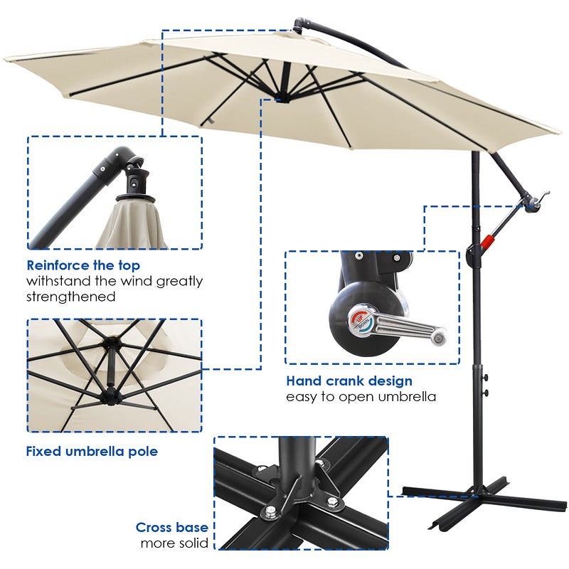 Parasol avec LED Grand Parapluie avec manivelle 360-Grad Drehbar um 360° drehbar pour terrasse, balcon Sonnenschutz, Beige - 3