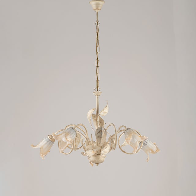 Lampadario Classico 5Luci Foglie in Ferro Battuto Vetro Avorio Oro Serie Limone