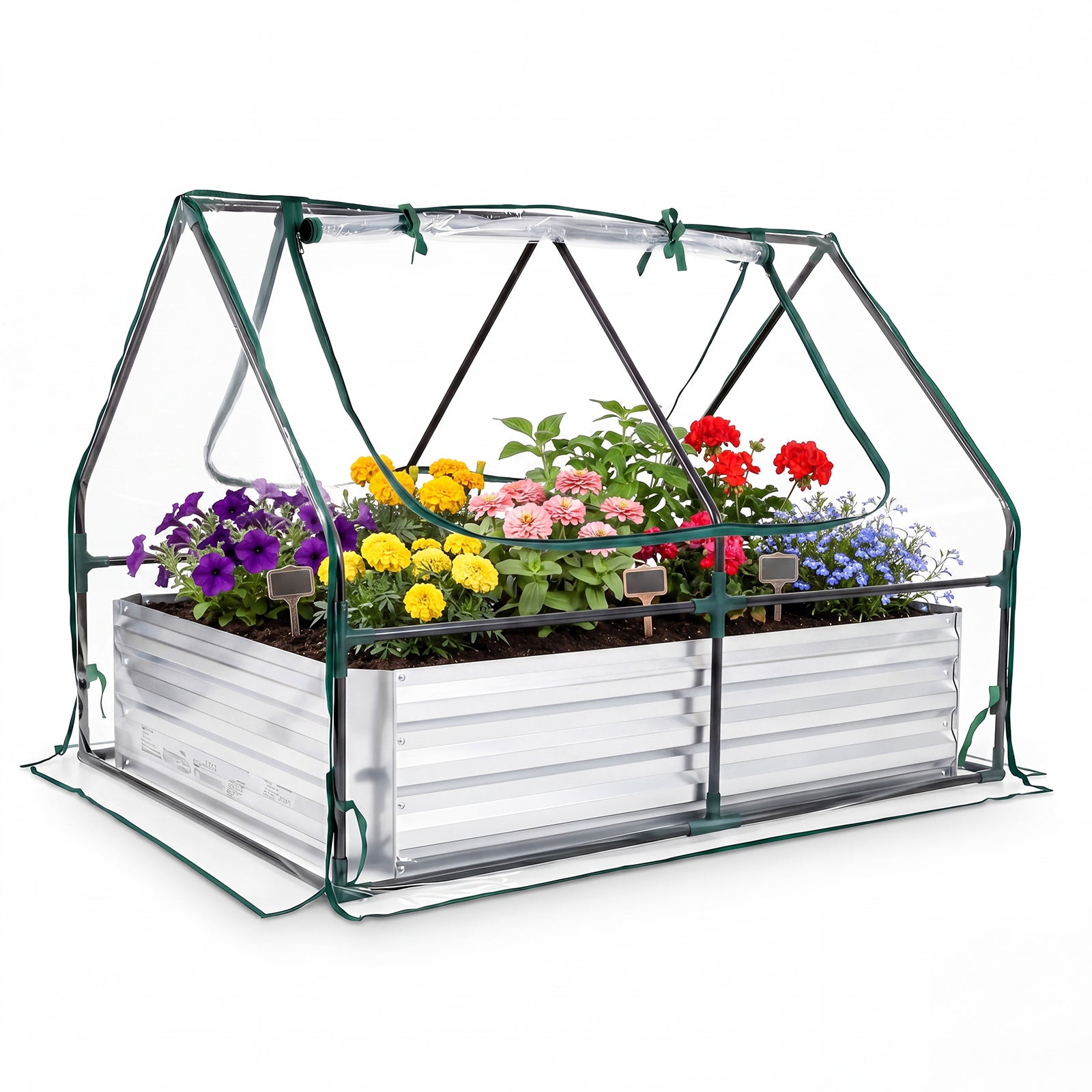 Sere de grădină și jardiniere supraînălțate 2 în 1, grădină legume în liber fără fund, metal zincat, 2 ferestre cu fermoar, 127 x 97 x 93 cm