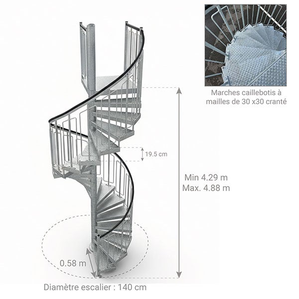 Escalier industriel hélicoïdal 23 marches - Hauteur à franchir 4,49m - HELI140-449-23 - 2
