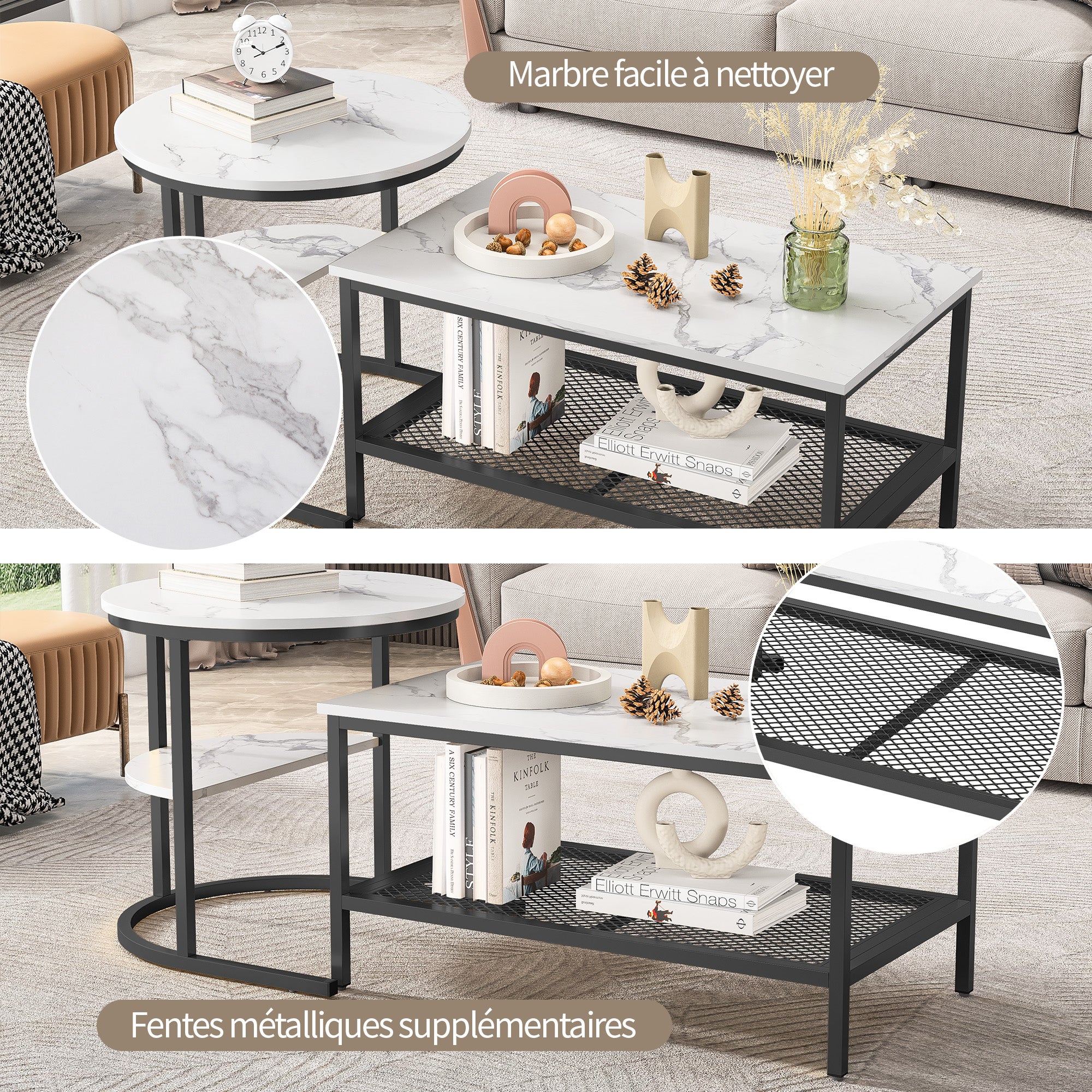 Tables Basses Gigognes Lot de 2,Table Gigogne Design Marbre, Cadre en Métal Noir, Table d'Appoint,Tables Basse Salon Rectangulaire pour Canapé,Chambre - 6