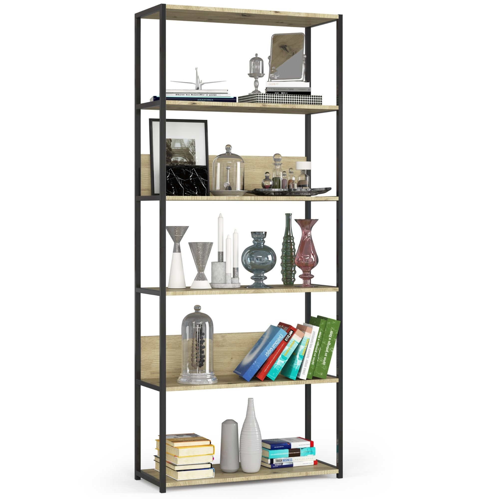 Regał industrialny AKORD metalowy Czarny 80 cm kolor Dąb Artisan mat 6 półek 80x32x192 cm