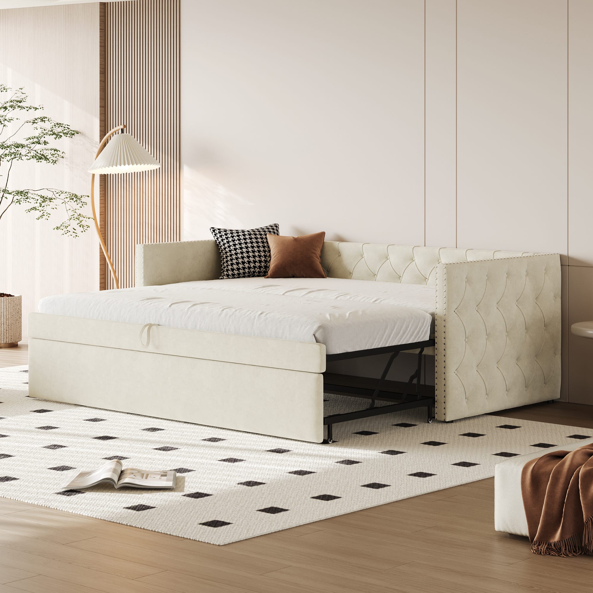 Letto imbottito, divano letto estraibile 90 x 200 cm, tessuto in