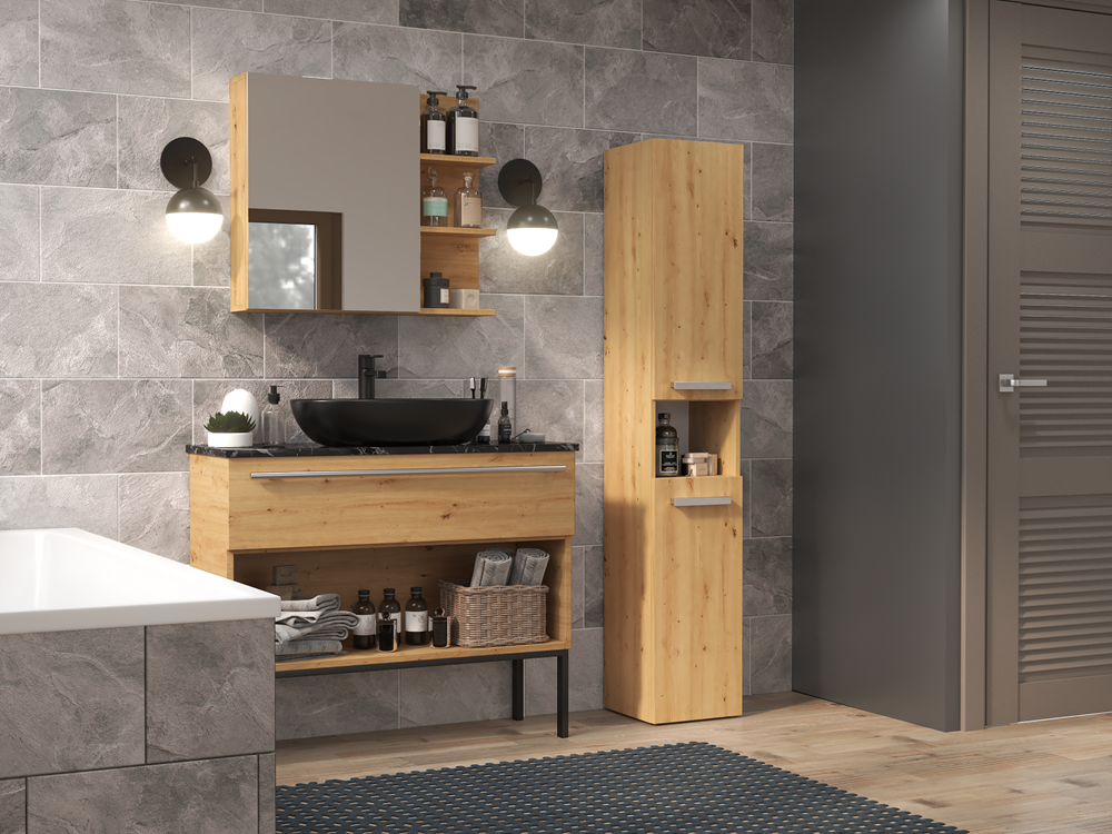 HORTI - Meuble salle de bain avec panier à linge - 31x30x174cm - Colonne rangement SDB - Chêne - 6