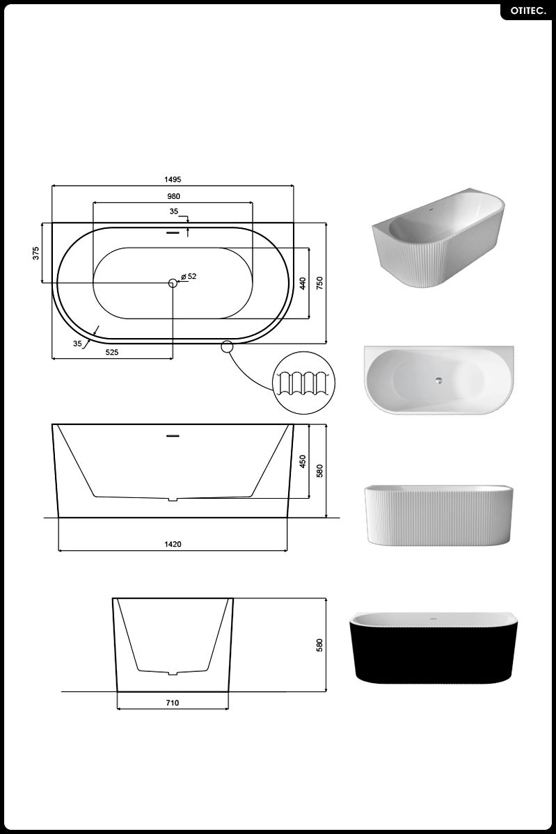 Baignoire semi îlot - 150 x 75 cm - avec Siphon Chrome - Pieds - INCLUS - LEYA - 8