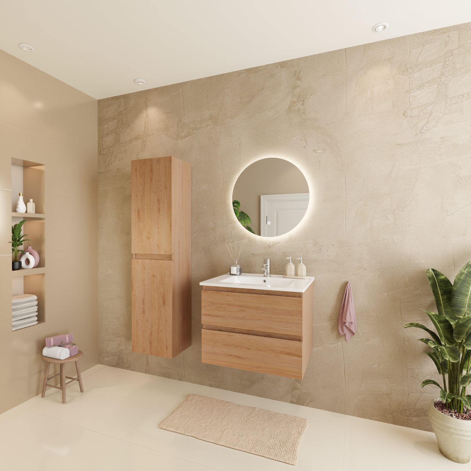 LOMAZOO Meuble De Salle De Bain Marenza Chêne Clair 60cm - Lavabo Blanc - 9