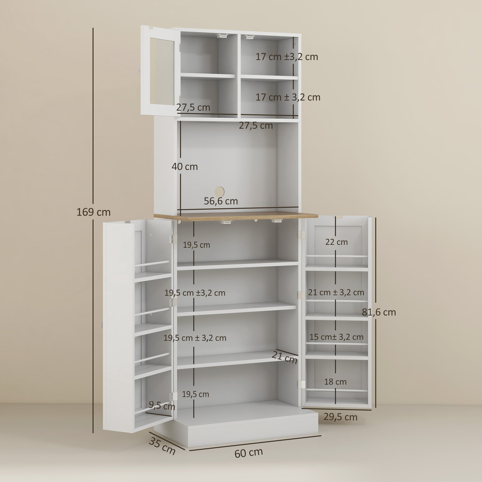 Alacena de Cocina HOMCOM Melamina de Madera Blanco 60x35x169 cm - 3