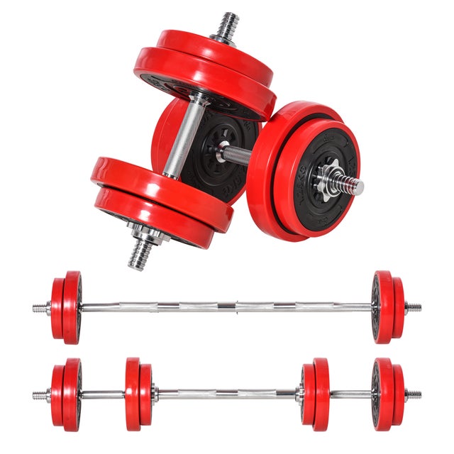 Conjunto de Halteres HOMCOM Preto e Vermelho Metal, PP, Areia de Ferro Ø21.5x3.8cm