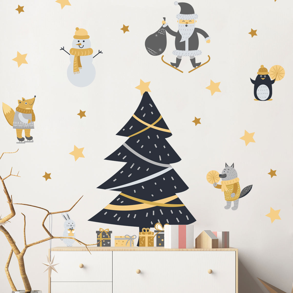 Vinilo navidad escandinava bajo las estrellas - adhesivo de pared - revestimiento sticker mural decorativo - 75x50cm