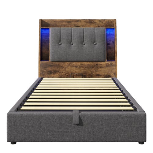 Łóżko tapicerowane 90x200 cm, łóżko pojedyncze z oświetleniem LED i portem USB typu C, len, kolor szary - 8