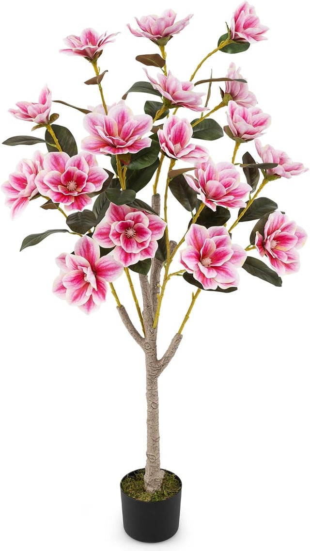 Sztuczne Drzewo Magnolii 130 cm, Sztuczna Roślina w Doniczce z Wieloma Gałęziami i Liśćmi z PEVA, Syntetyczne Różowe Kwiaty