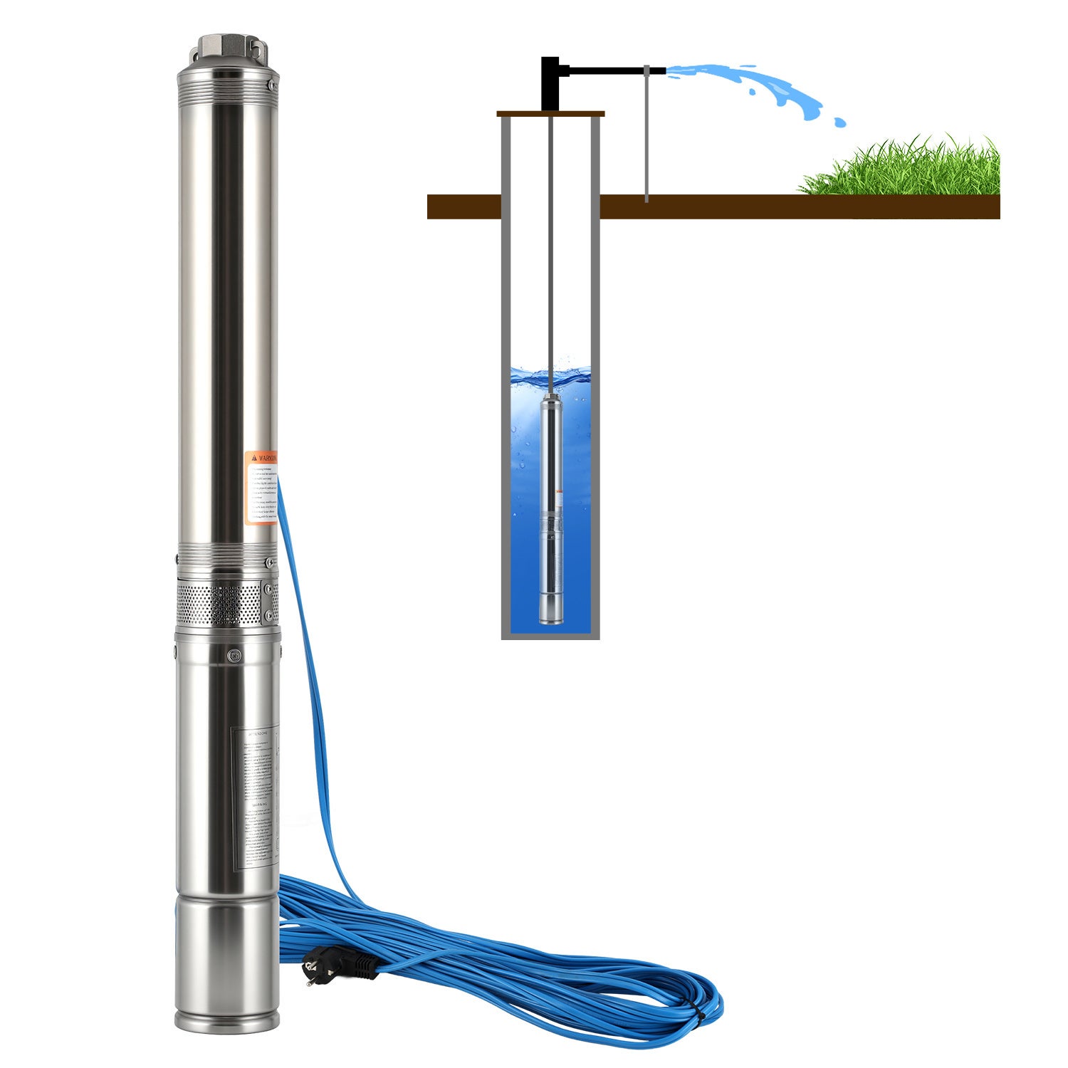 Pompa zanurzeniowa do głębokich studni, 1100 W, 4000 l/h, 81 m, z przewodem o długości 20 m, pompa studzienna ze stali nierdzewnej – 4 cale