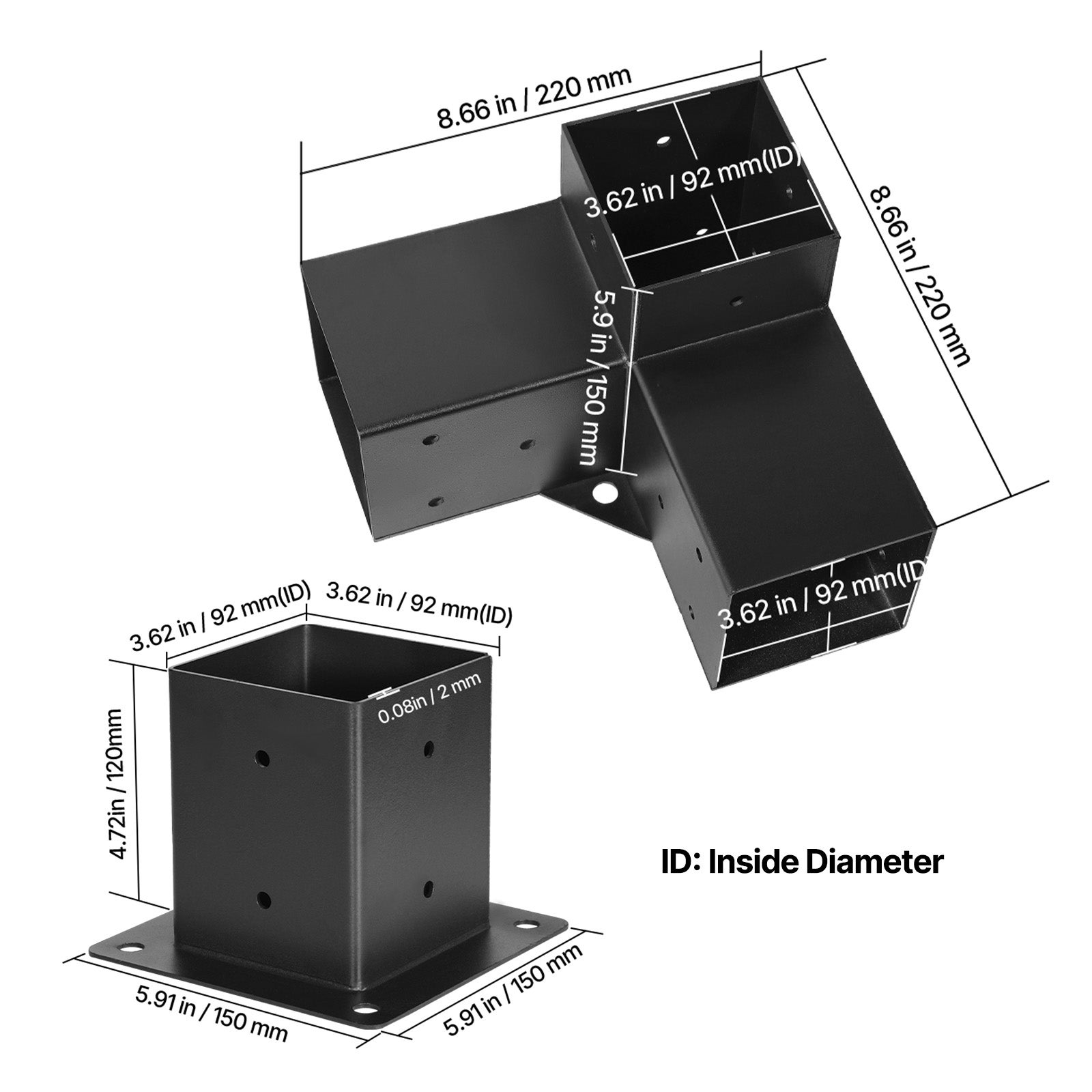 Kit SucceBuy supports pergola 8 pièces, 4 angles 3 voies, 4 bases, acier carbone, poutres bois standard, structures bois pour événements extérieurs - 9