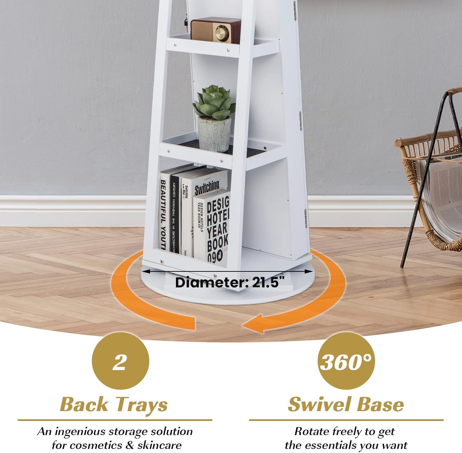 Armadietto per Gioielli Girevole a 360°, con Specchio a Figura Intera Luce a LED a 3 Colori, Specchio Interno per il Trucco con Serratura, 54,5x 54,5 - 5