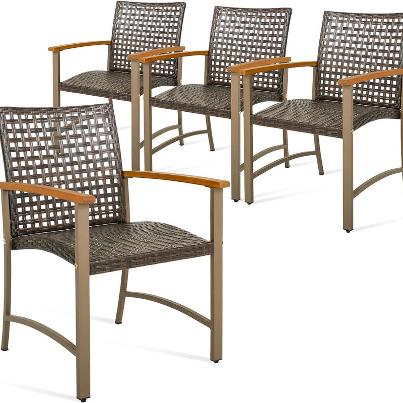 4-częściowy zestaw krzeseł ogrodowych, tarasowych, z podłokietnikami z drewna akacjowego i metalowym stelażem, krzesła rattanowe, werandę, do basenu