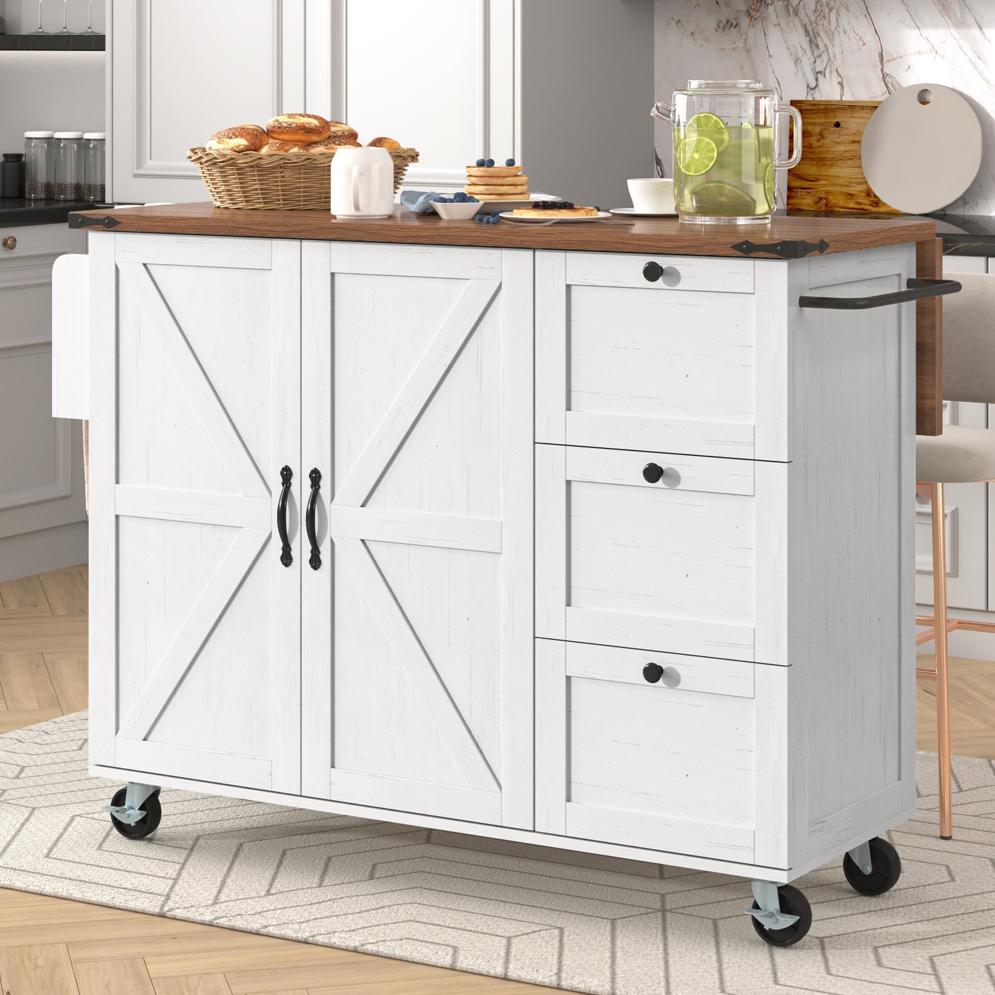 Îlot De Cuisine Mobile Extensible - Plan De Travail Rétractable 112-180cm, 7 Roulettes, Blanc & Naturel - 3