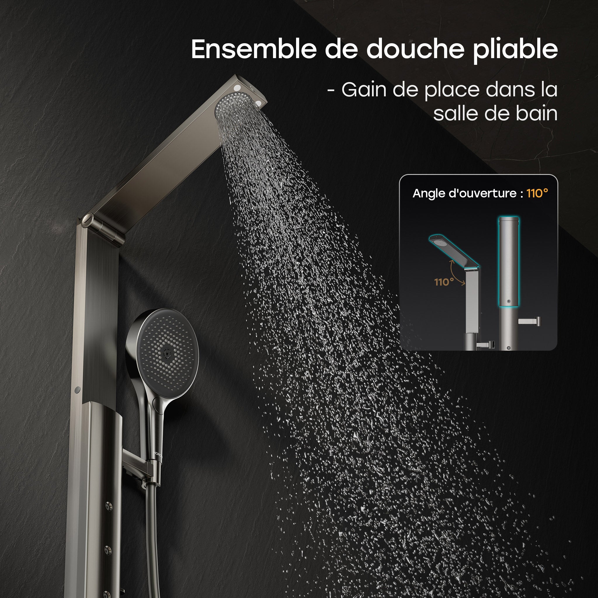 HOROW Sistema de ducha con termostato, gris, panel de ducha con cabezal de ducha plegable, completo de ducha, 4 funciones de masaje, altura regulable - 8