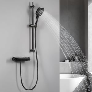 Colonne de Douche Thermostatique 38°C Avec Table de Rangement en Verre Trempé, Ensemble de Robinetterie Thermostatique Murale, Noir