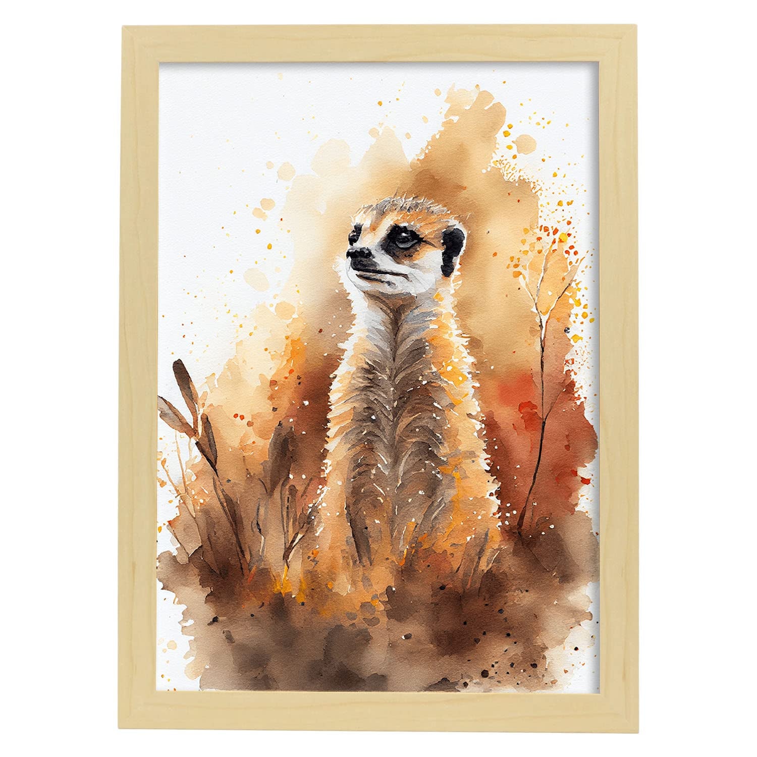 Nacnic poster de suricata en estilo acuarela ilustraciones a todo color de animales salvajes en la naturaleza y a3 con marco de madera clara