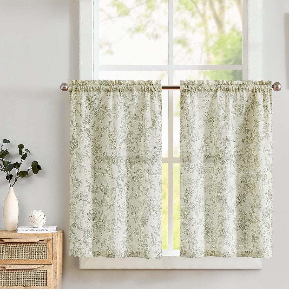 Perdele cu model floral din in, set de 2, Î 90 x L 65 cm, stil rustic 2buc