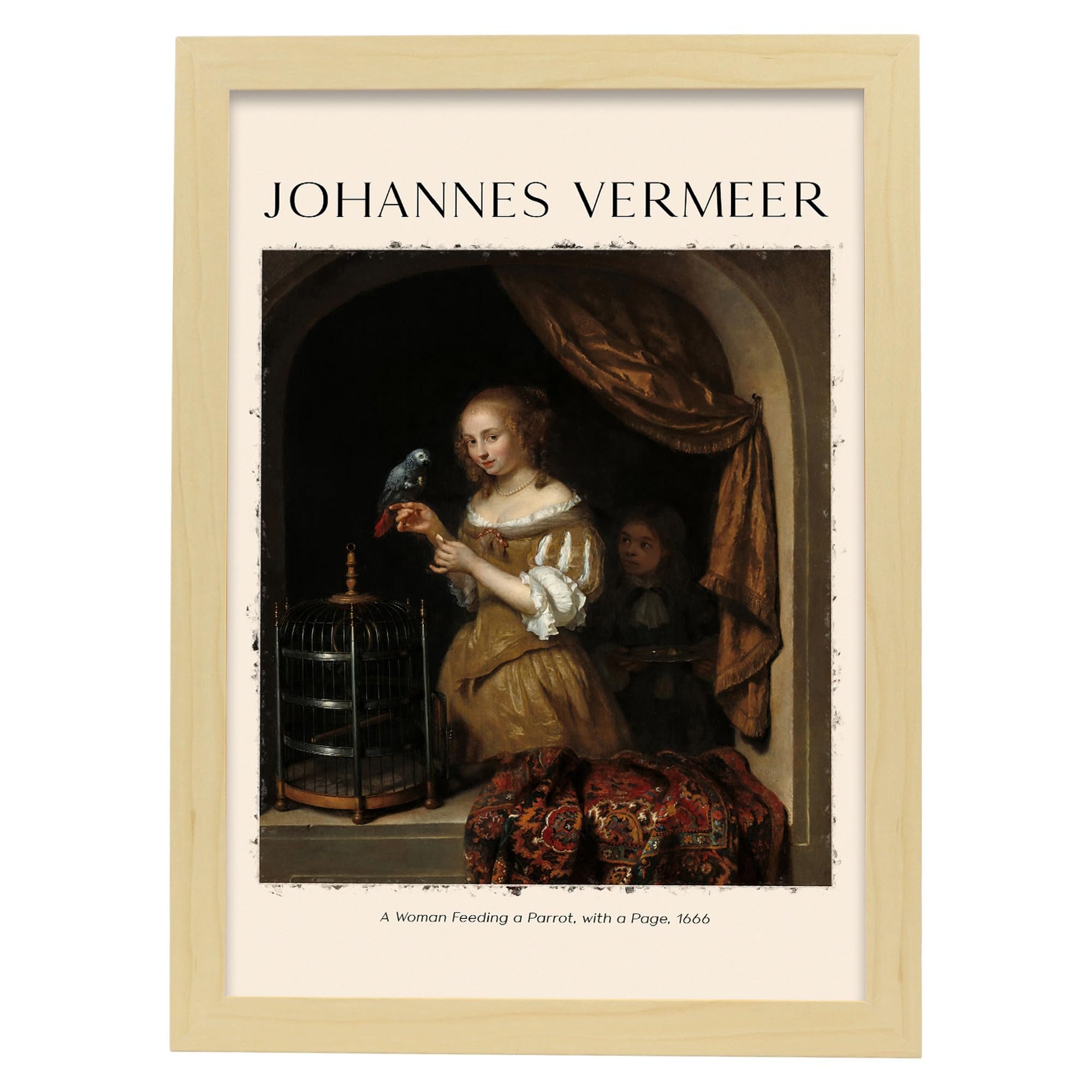 Lámina de una mujer alimentando un loro cuadros estampados impresiones de pared inspiradas en johannes vermeer a3 con marcos de madera ligera