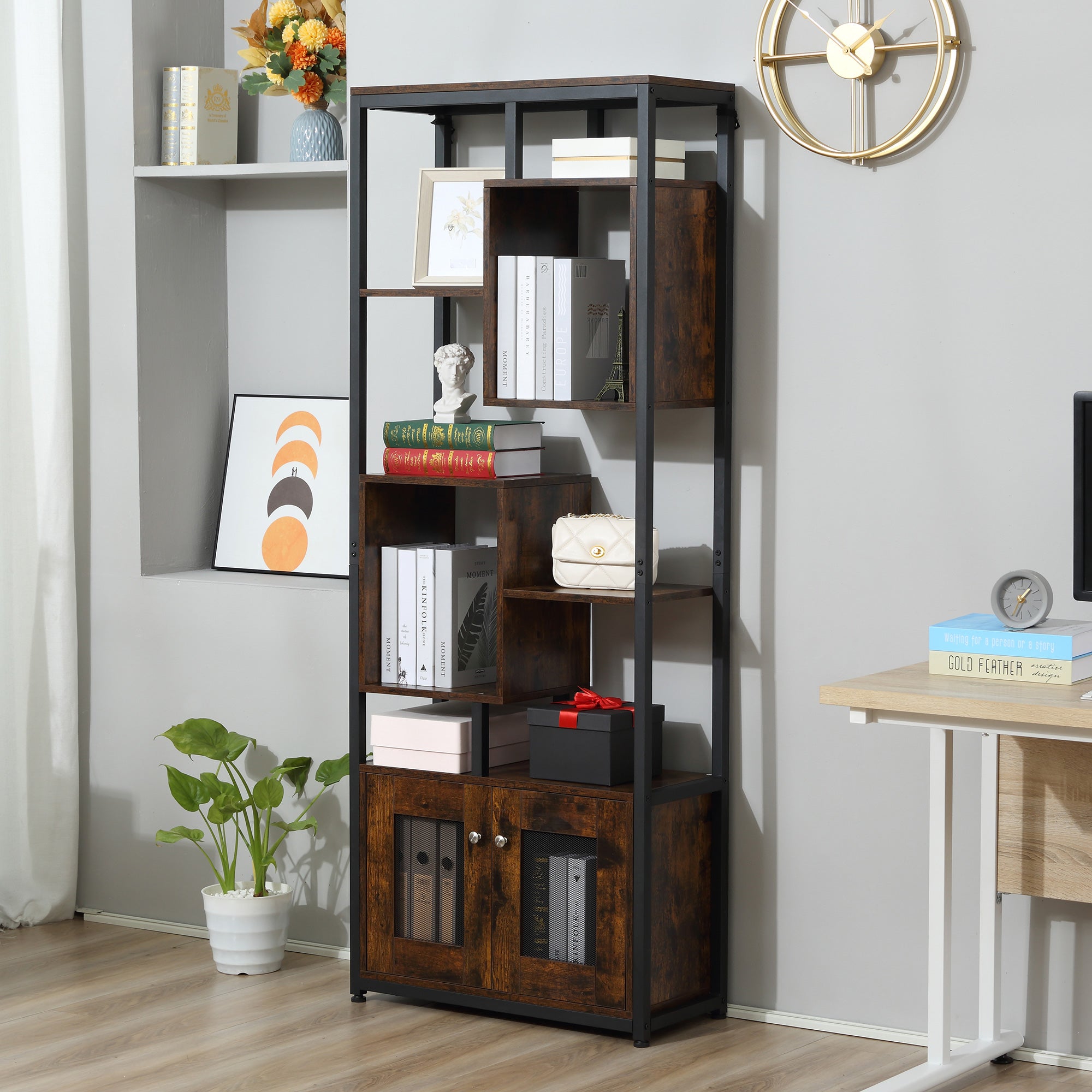 Libreria GILLAS A 3 Ripiani Con Armadietto, In Metallo, Colore Marrone Rustico, Modulo Estraibile, Per Soggiorno E Ufficio