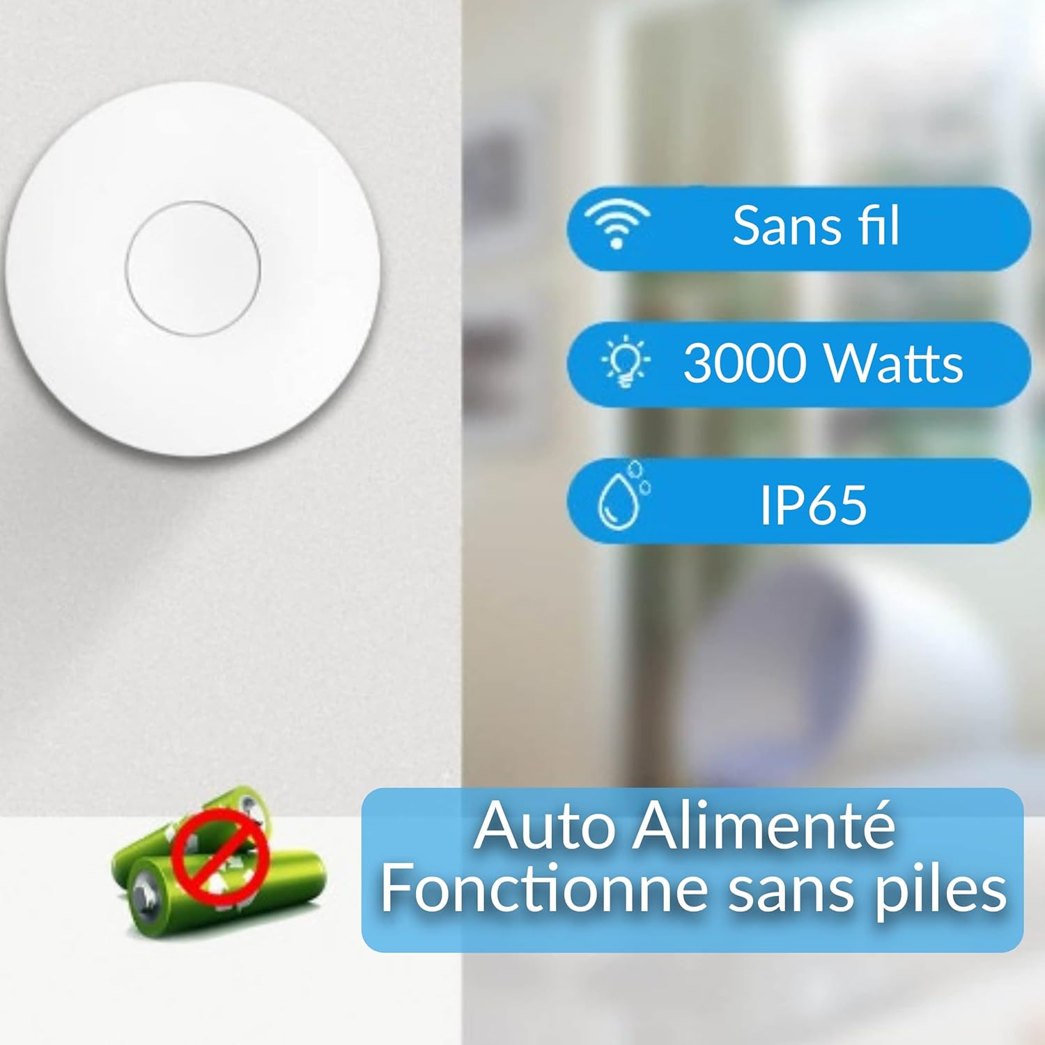 Prise murale commandée sans fil et sans pile - Qualité Pro - 1 télécommande radio auto alimentée + 1 prise EU 3000w - 2