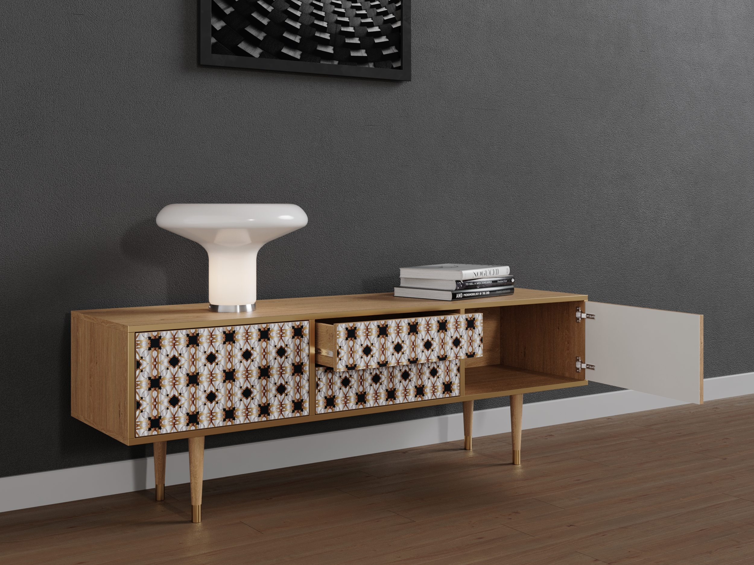 Mobile TV con due porte e due cassetti, lungo 170 cm, in rovere - 3