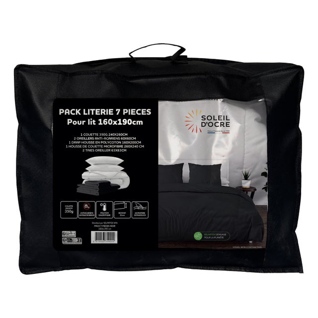 Ensemble couette et parure 7 Pièces BOHEME noir pour lit en 160x200 cm, par Soleil d'ocre