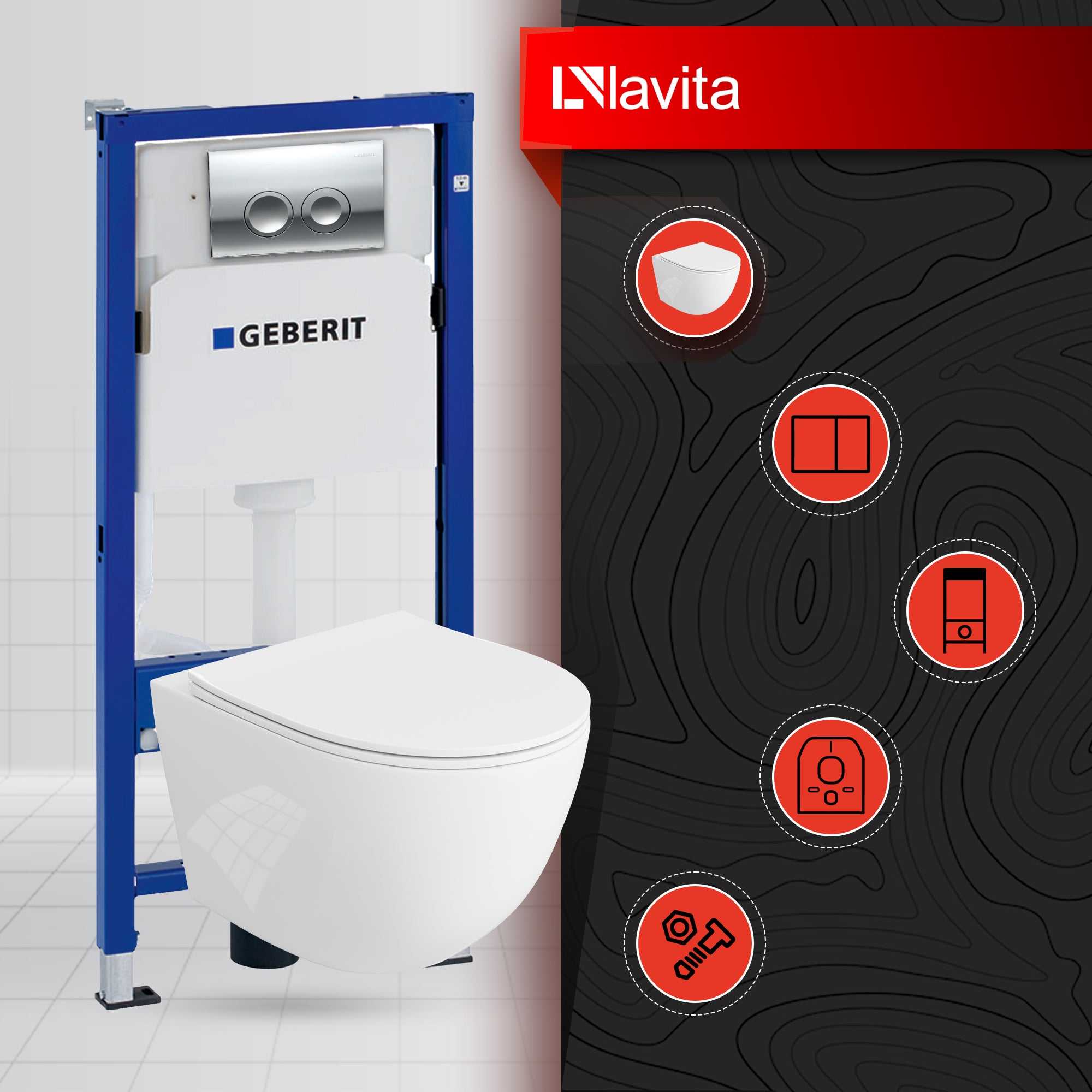 Geberit Duofix - WC Suspendu Avec Cuvette Sans Bord - Panneau Delta 25 Chromé - Kit Complet Prêt à Poser
