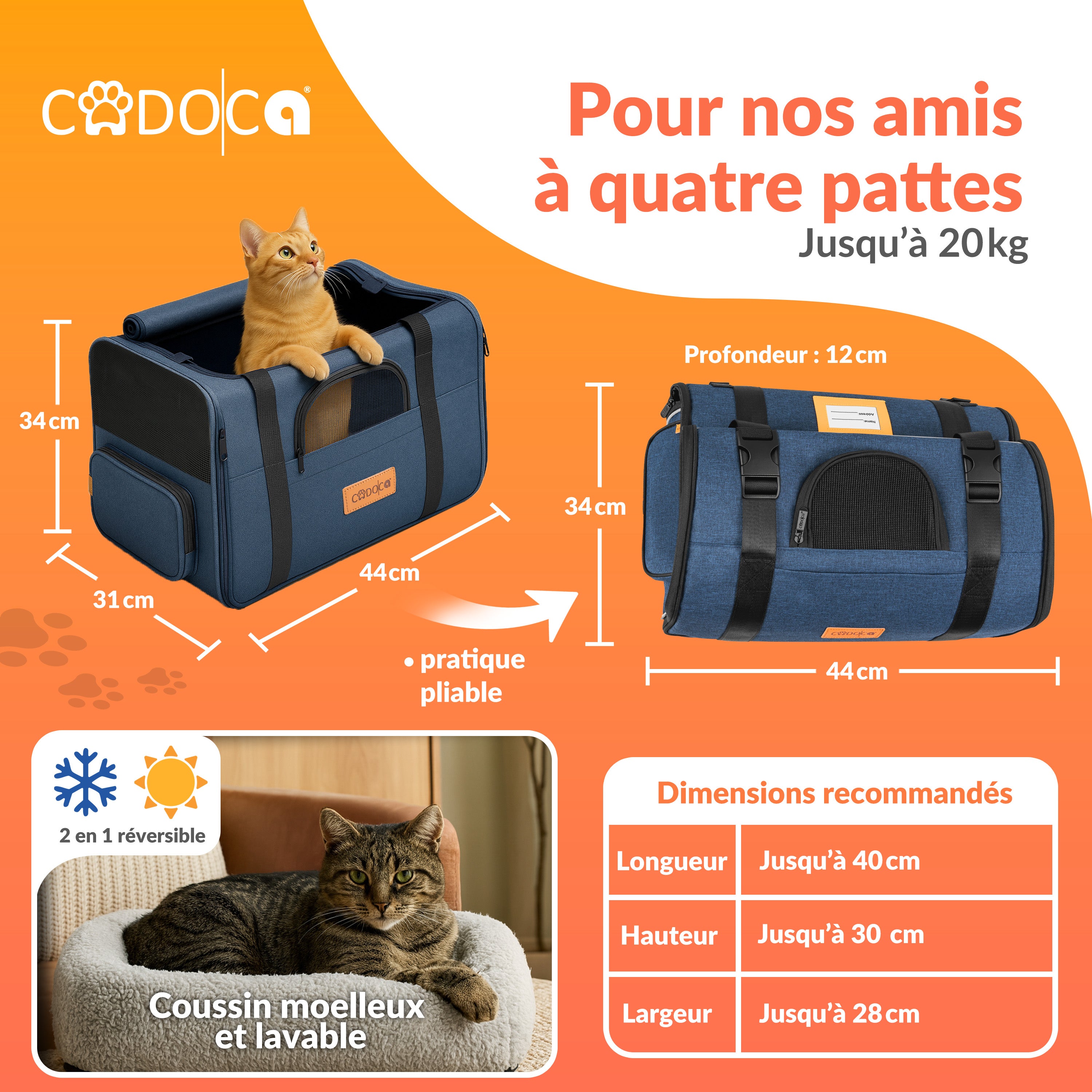 CADOCA® Sac de transport pour chat chien max. 20kg Bleu pliable avec bandoulière caisse de transport chat respirant avec gamelle - 3
