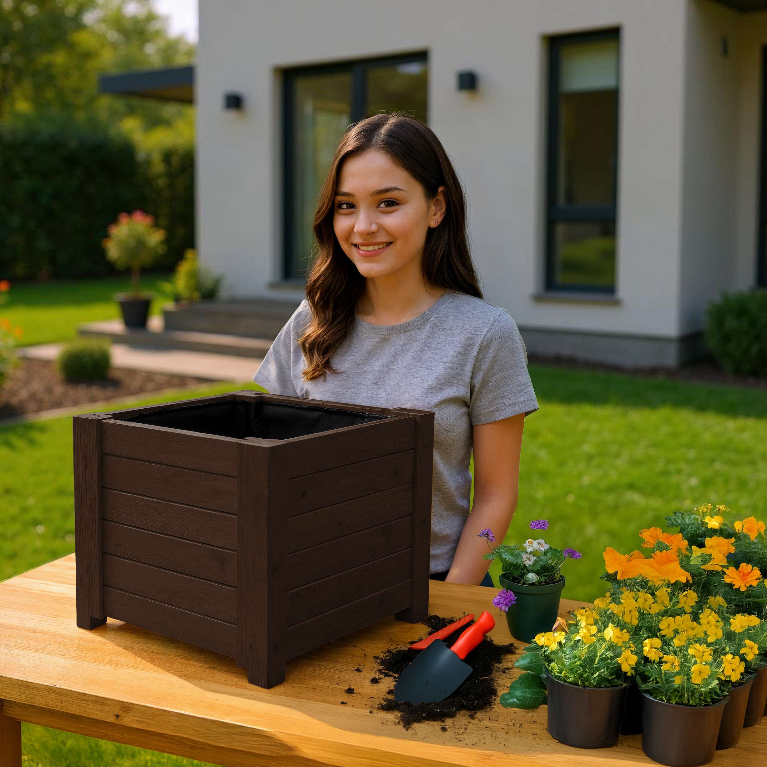 Jardinière BOGATECO en bois | Pot de fleur parfait pour le jardin | Imperméabilisé | Avec Agro-Textile | 39x39x40cm | Marron foncé - 5