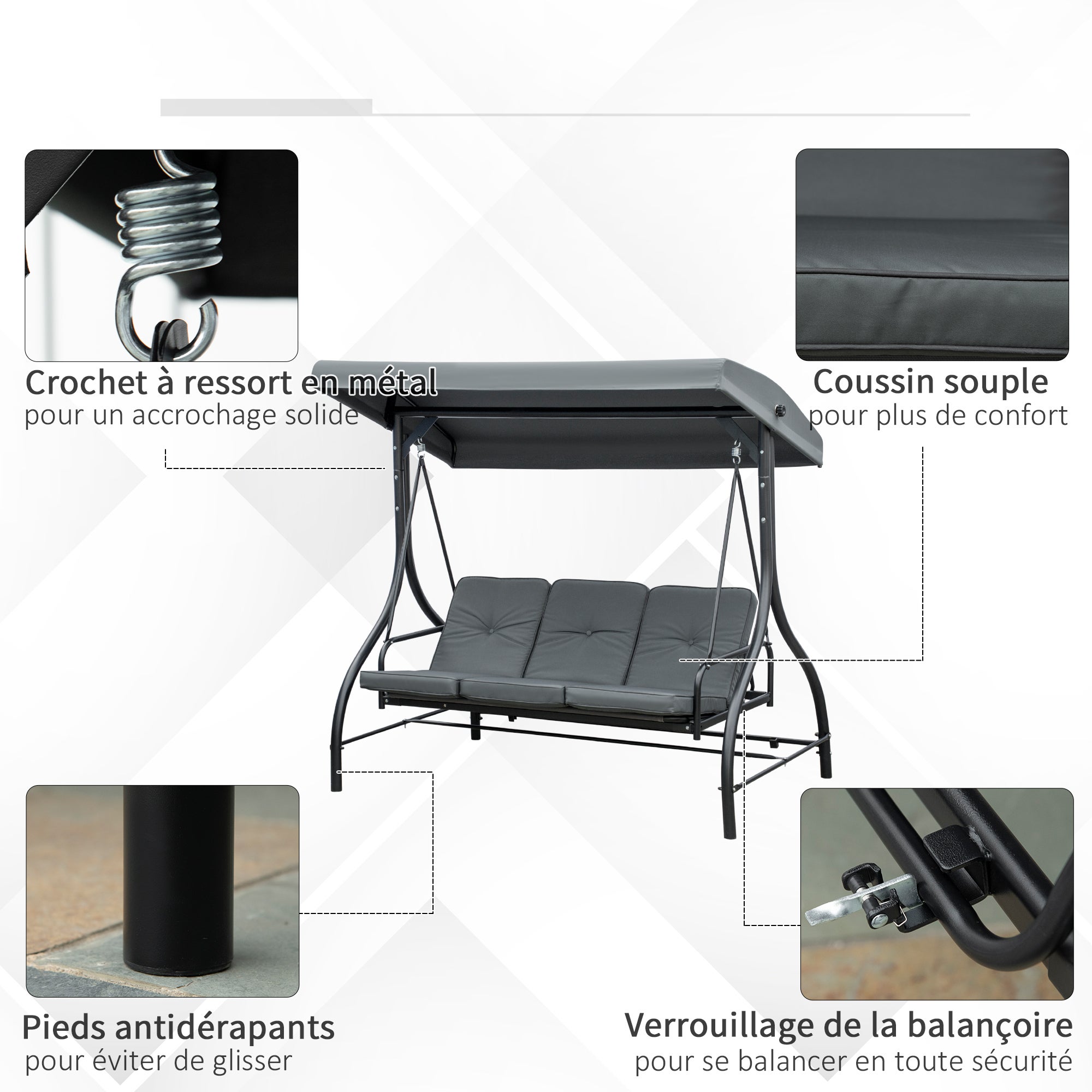 Balancelle de jardin 3 places convertible matelas fourni gris métal noir - 6