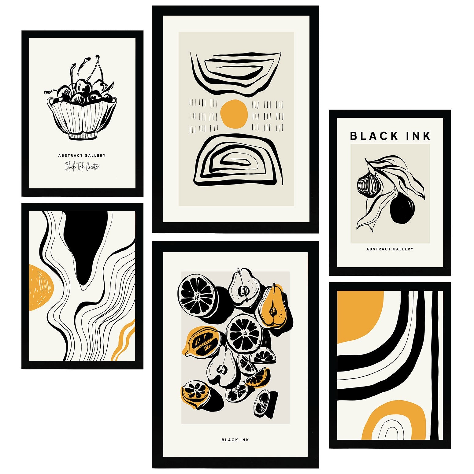 Nacnic set de 6 posters en tinta negra frutas láminas artísticas y abstractas para el diseño y decoración de interiores tamaños a3 & a4, sin marcos