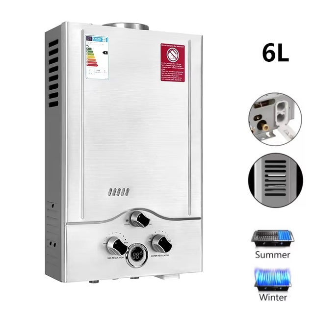 Chauffe-eau instantané au GPL, 6 L 12 kW, Chauffe-eau propane/butane avec affichage LED et protections de sécurité, Chauffe-eau extérieur