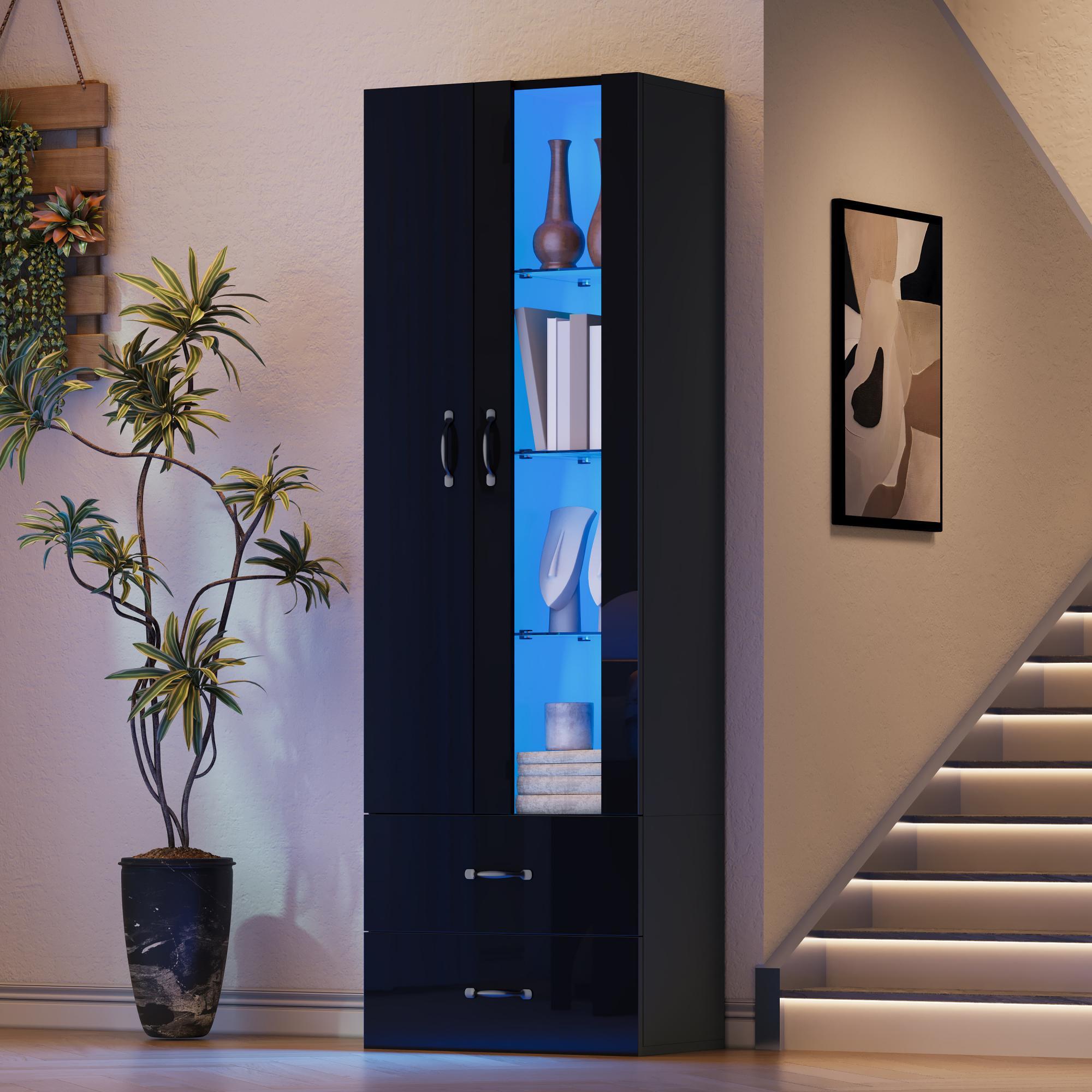 Vitrine Haute 182 Cm Avec Éclairage LED USB – Meuble Exposition Blanc 2 Portes (1 Acrylique Transparente) + 2 Tiroirs, Pour Salon & Chambre