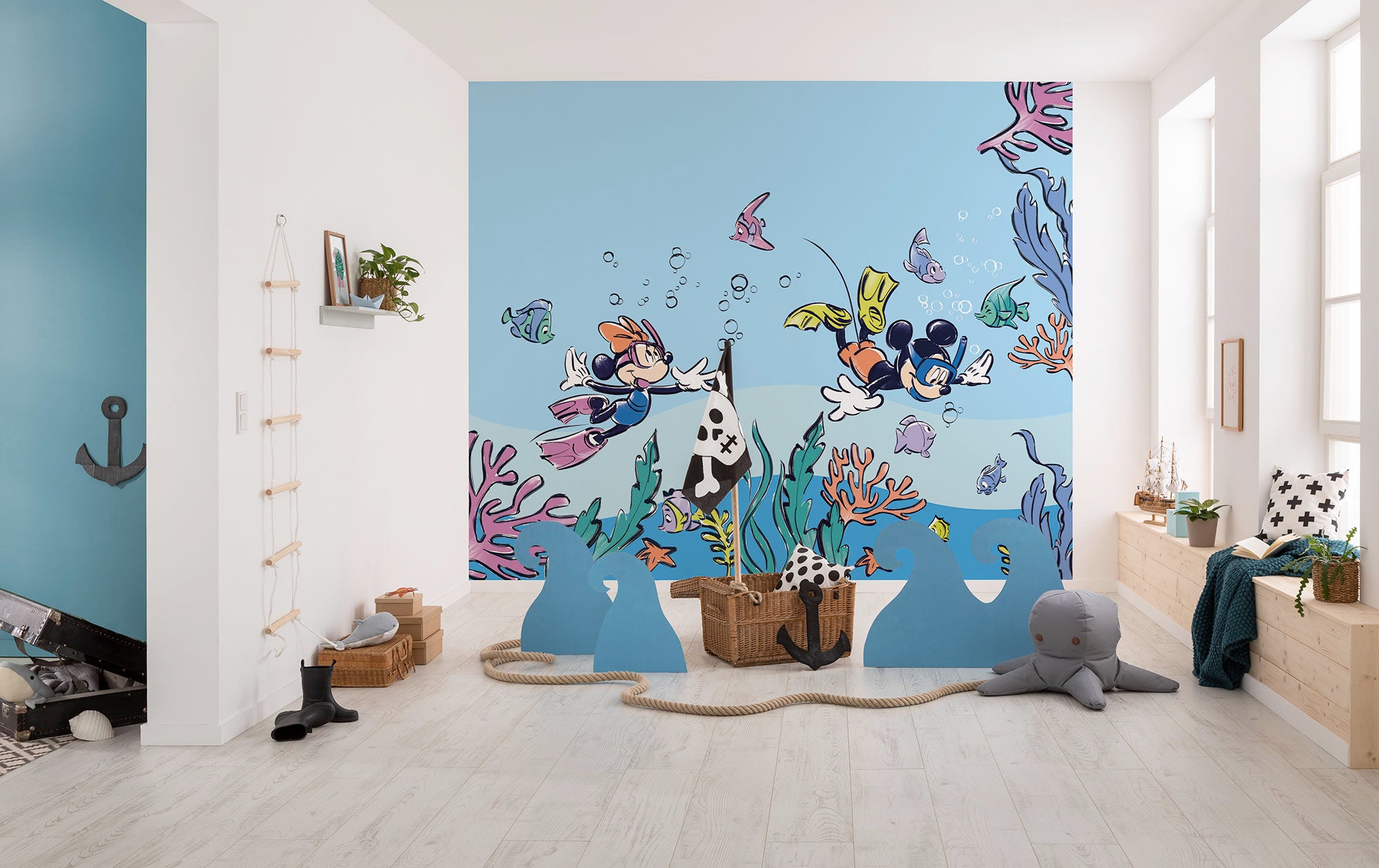 Fototapeta Mickey &amp; Minnie Mouse niebieskim - 300 x 250 cm - DISNEY