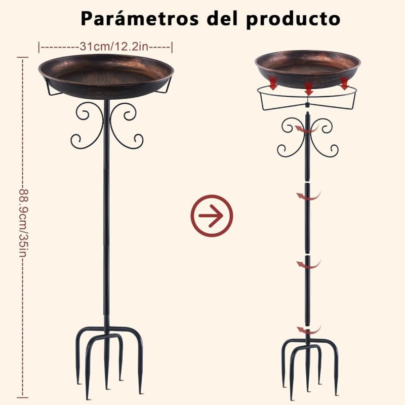 Bebedouro para pássaros em metal com suporte, acabamento em bronze antigo, design clássico, ideal para jardim, terraço, pátio e decoração externa. - 7