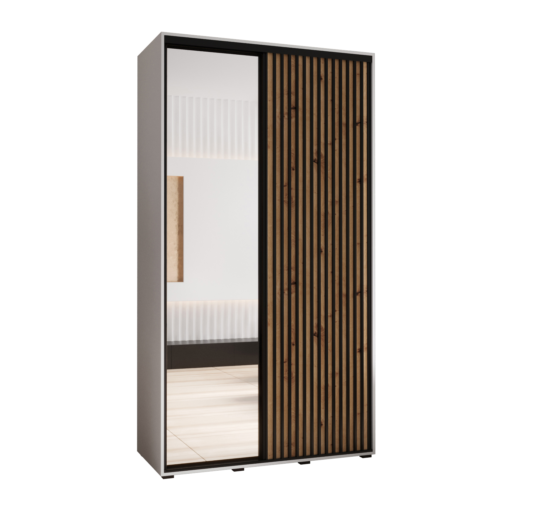 Szafa przesuwna z lustrem wysoka Lanko 2 130 x 60 x 235,2 cm biały + artisan + lamele czarny - Abiks Meble