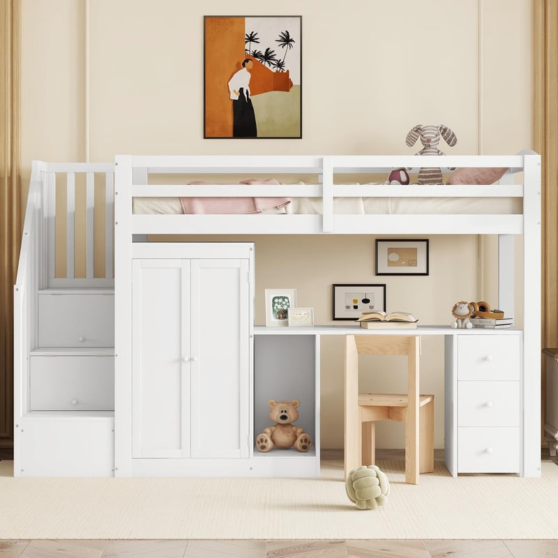 Drewniane łóżko piętrowe 90 x 200 cm - z szafą, biurkiem i schowkiem - białe