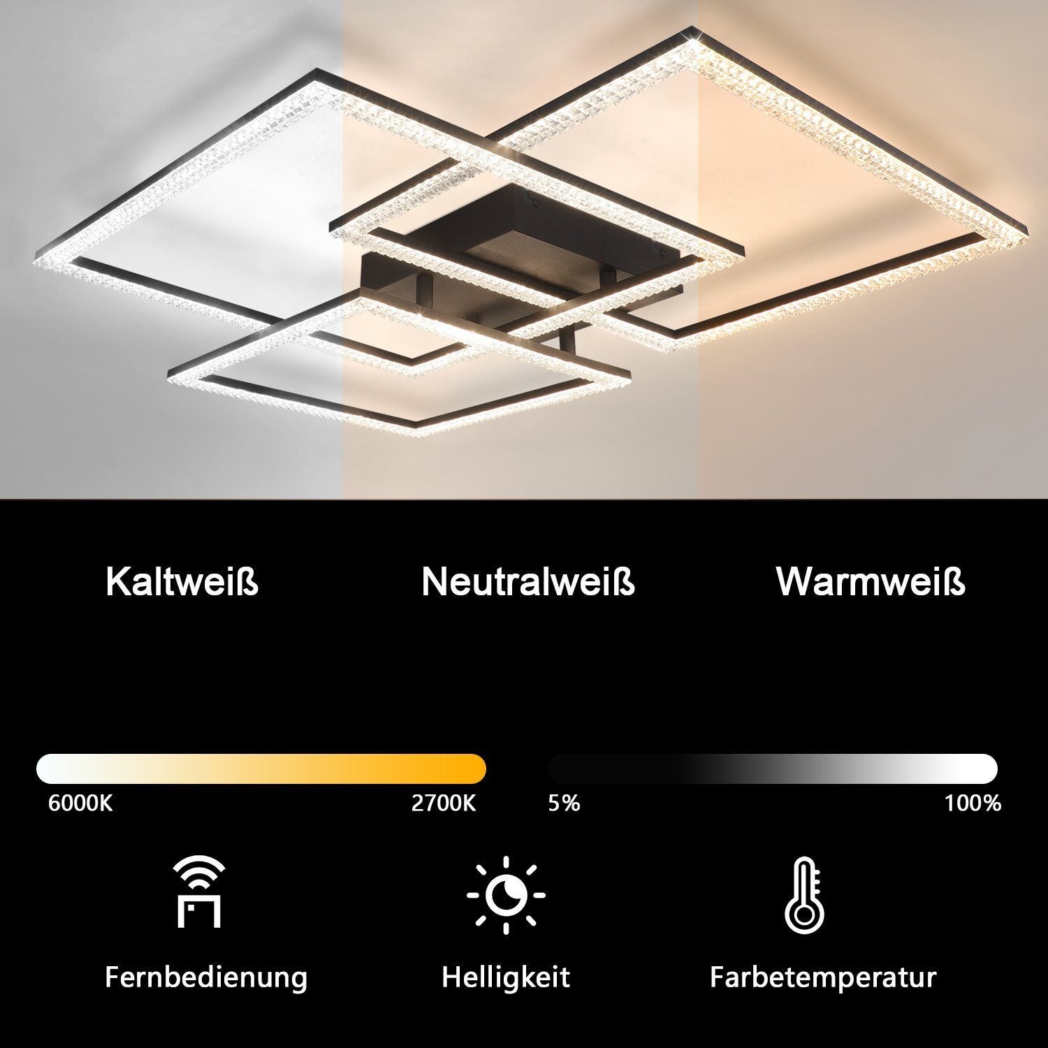 NETTLIFE Czarna lampa sufitowa LED 75CM Nowoczesna lampa wewnętrzna z kryształkami, ściemniana, z pilotem do sypialni - 2